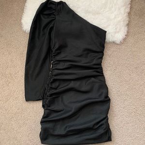 Aritzia Rhapsody Bodycon Dress, black shiny satin, one shoulder